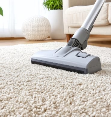 Cleaning vacuum on carpet, home interior, bright room, modern design, fresh atmosphere